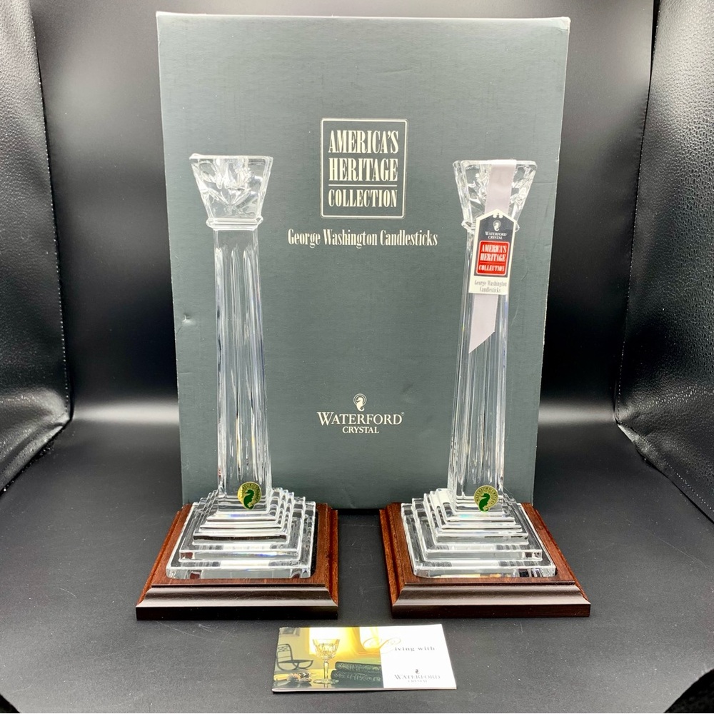 Waterford Crystal George Washington Candlestick Holders 11.75” Wood Base HTF NIB